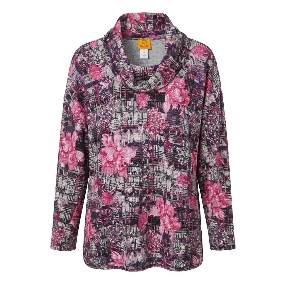 NEW‎ Ruby Rd Woman 2X Pink Gray Floral Plaid Cowl Neck Flannel Tunic Shirt Road